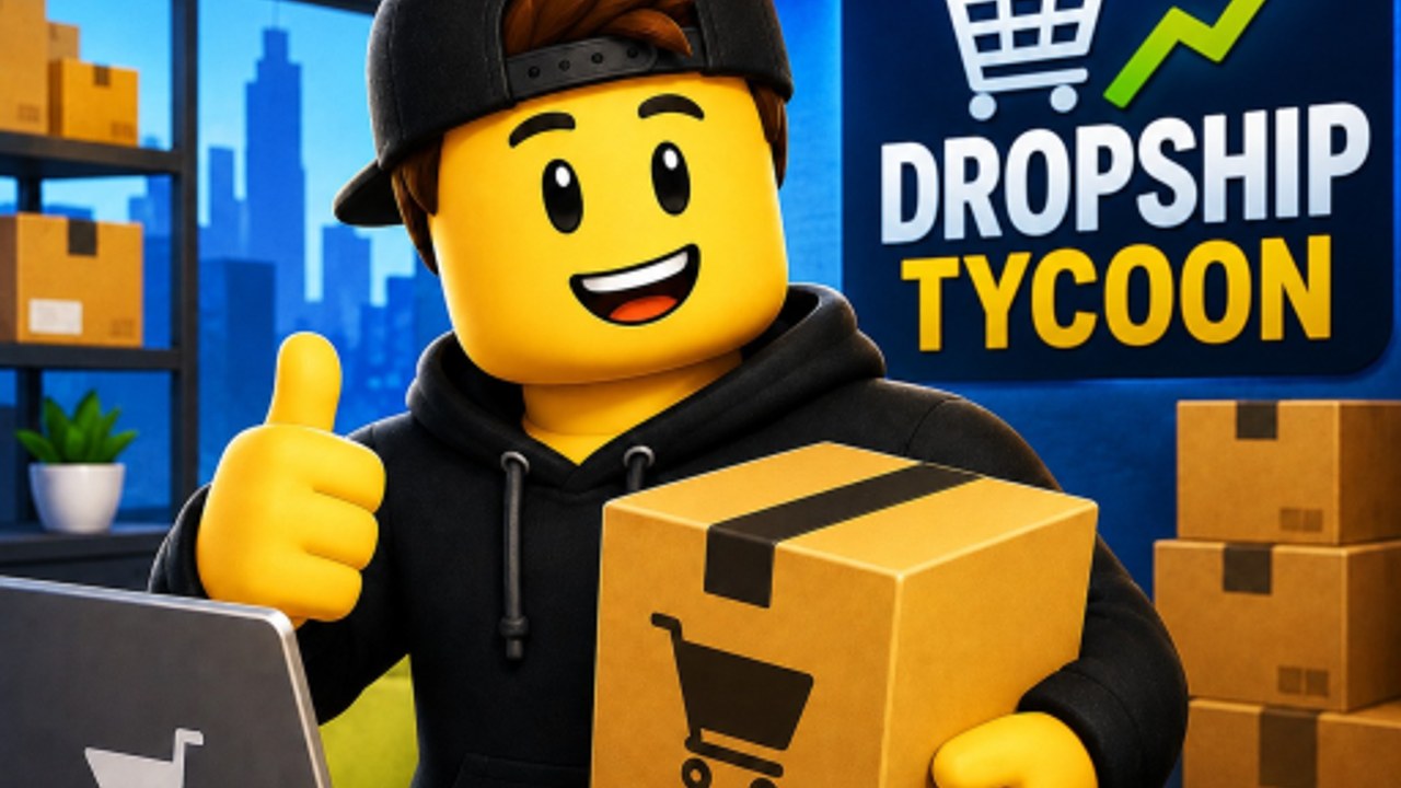 Dropshipping Tycoon Roblox character holding a shipping box beside a laptop and cash stack