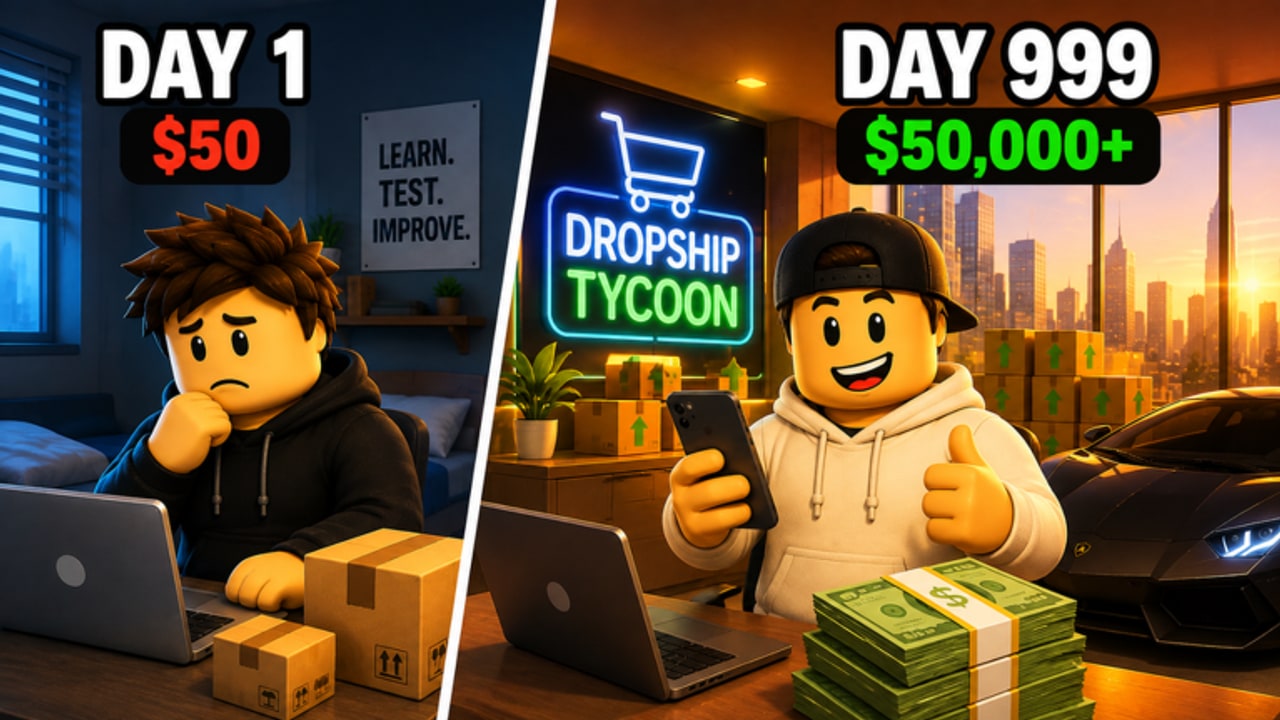 Dropshipping Tycoon promotional scene comparing a day-one bedroom office with a late-game headquarters